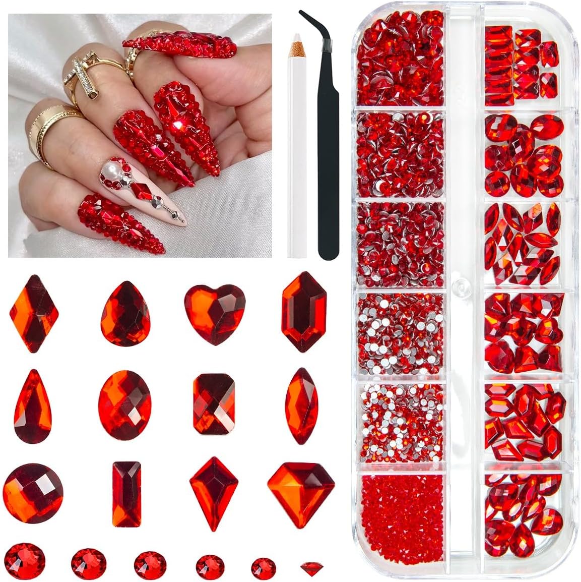Qiipii 2052 piece siam red nail art rhinestone kit in 12-grid box