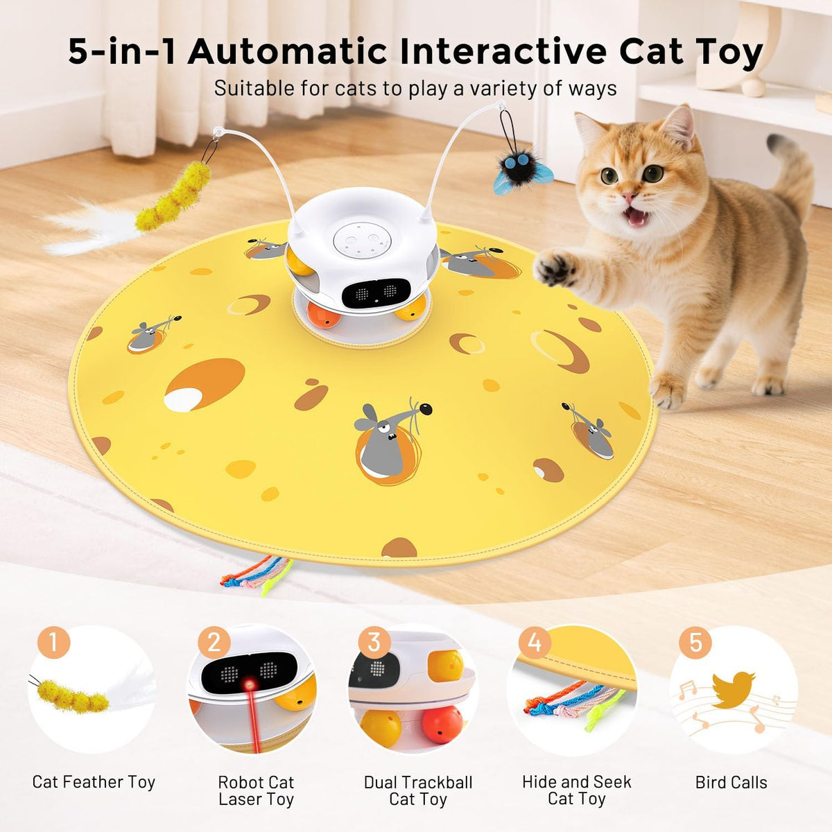 ZOMISIA 5 in 1 automatic cat toy with cheese play mat spread out.