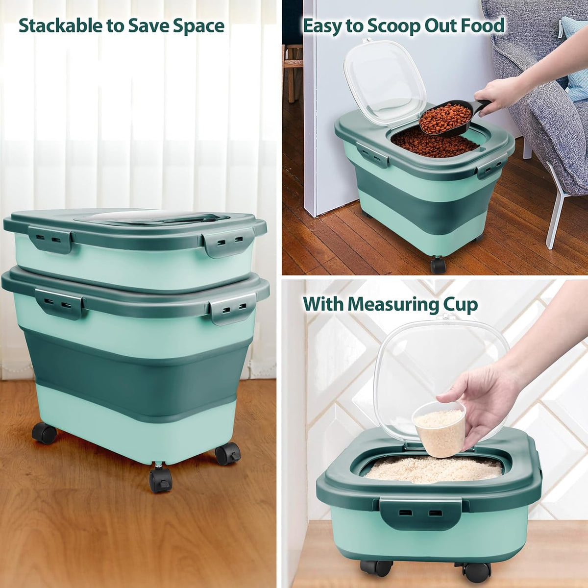 Viretec collapsible silicone storage bin being used for rice and flour kitchen pantry organization.