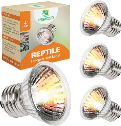 Repti Home reptile heat lamp 4 pack front packaging view showing 50W UVA UVB halogen bulbs.