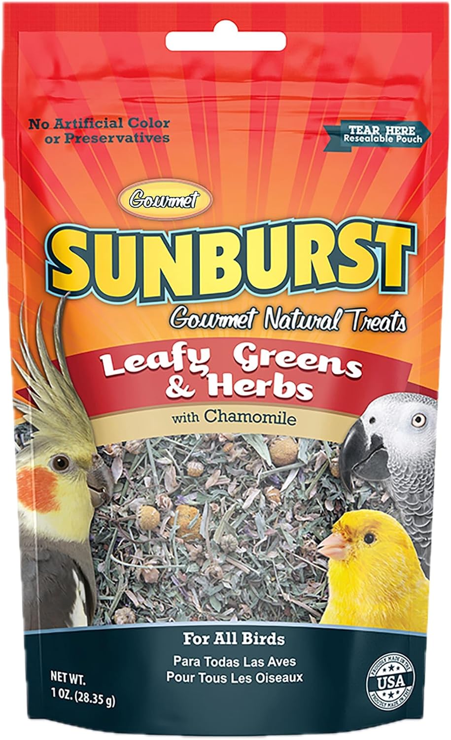 Close up of Higgins Sunburst bird treat herbal ingredients in a resealable 1 Ounce pouch.