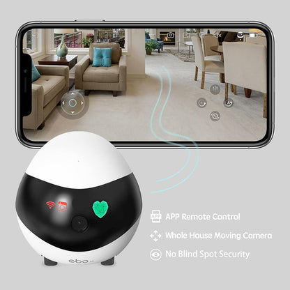 Enabot EBO mobile pet camera moving across a living room floor to monitor a domestic cat.