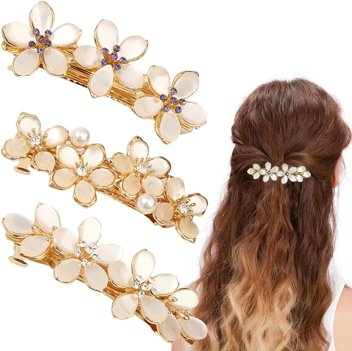MAYCREATE vintage flower hair clips three pieces front view showing white opal petals