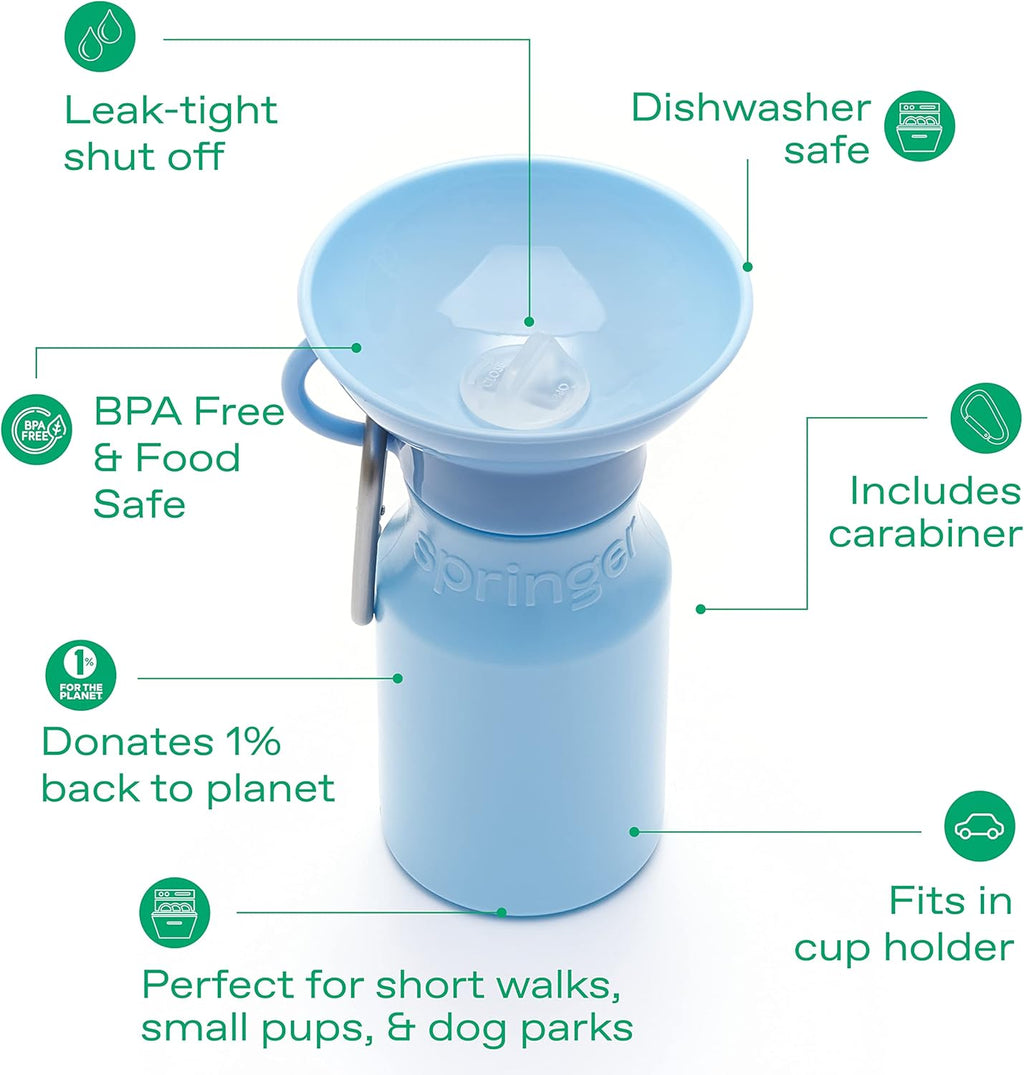 BPA free Springer travel pet cup showing the attached carabiner clip for outdoor hiking