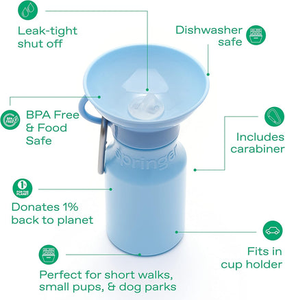BPA free Springer travel pet cup showing the attached carabiner clip for outdoor hiking