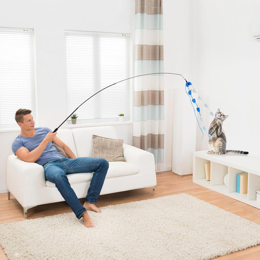 Extendable cat stick toy demonstrating the long string and long distance play reach.
