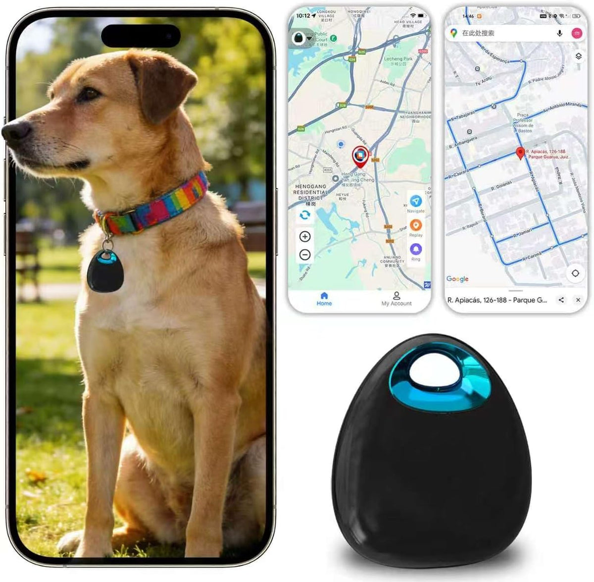 JDHTMTCBGX waterproof mini pet GPS tracker front view showing compact white circular design