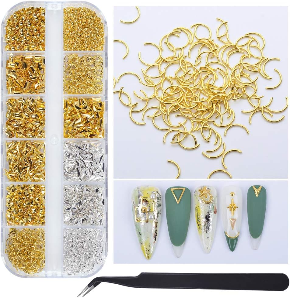 BAIYIYI 3D nail art studs front view of gold and silver metal charms box