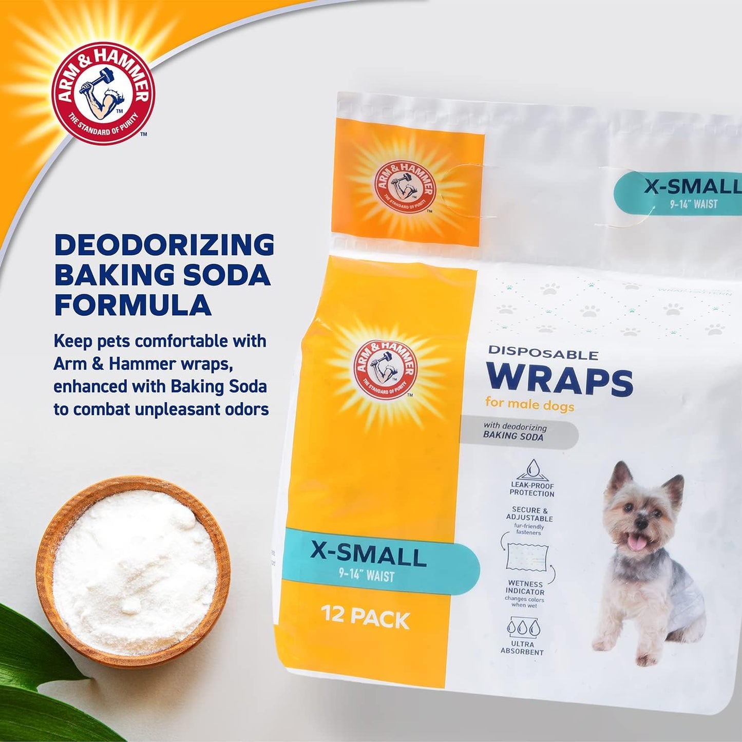 Extra small male dog wrap showing the adjustable fur friendly adhesive tabs for secure placement