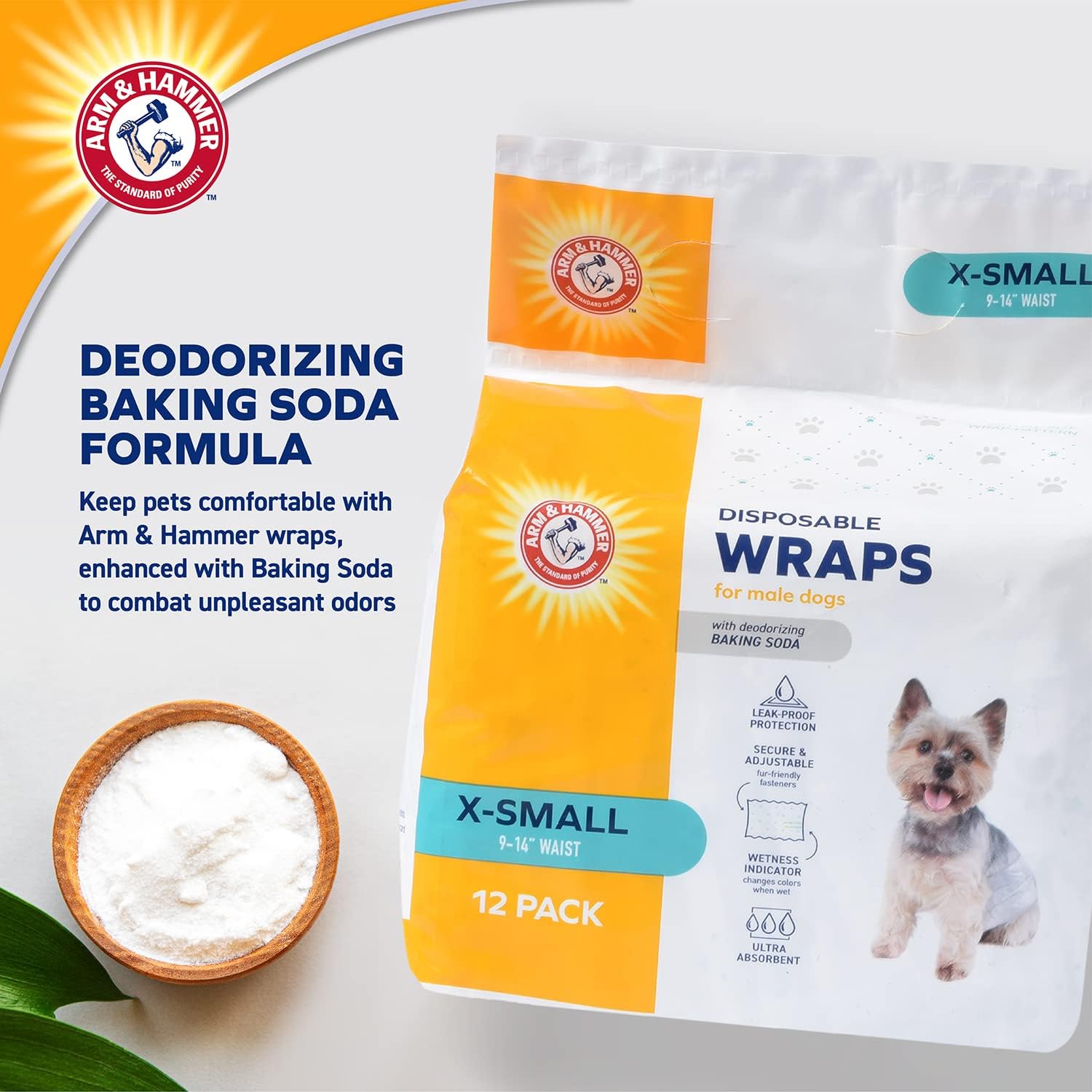 Extra small male dog wrap showing the adjustable fur friendly adhesive tabs for secure placement