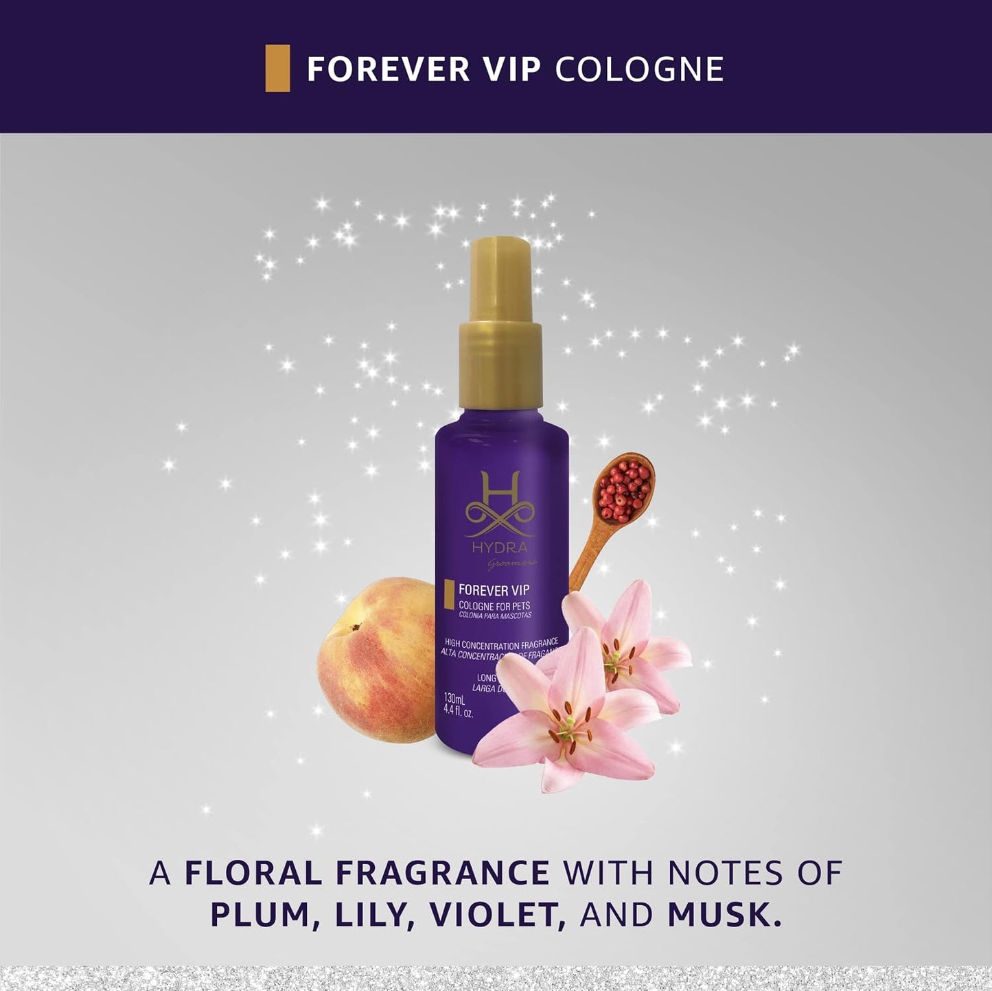 Premium Hydra pet perfume spray with gold nozzle for professional finishing.