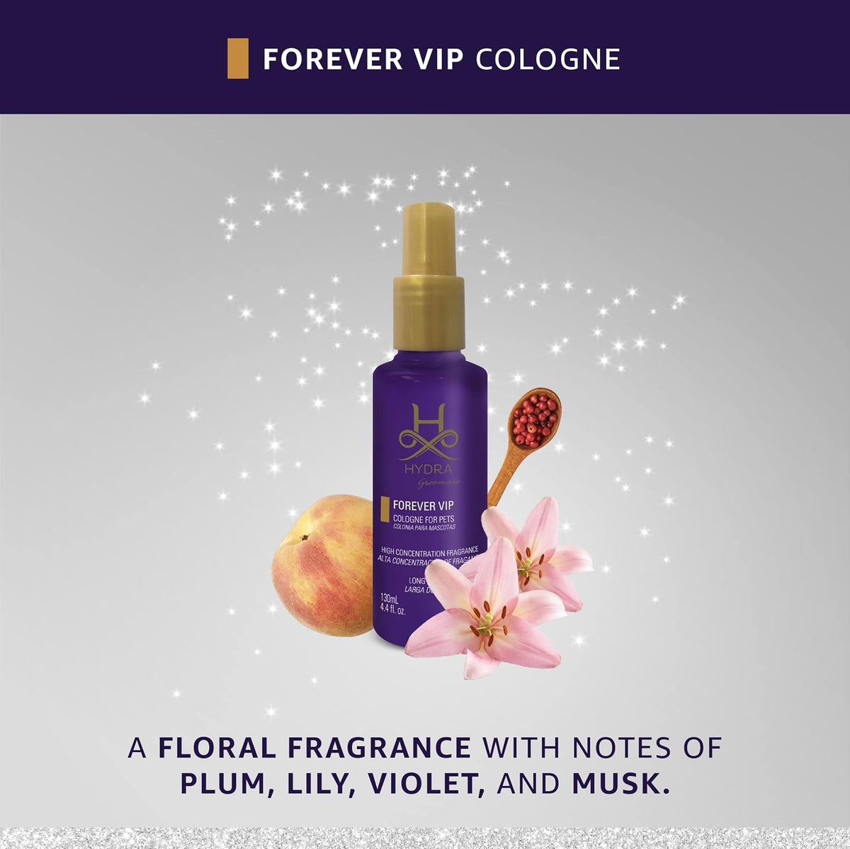 Premium Hydra pet perfume spray with gold nozzle for professional finishing.