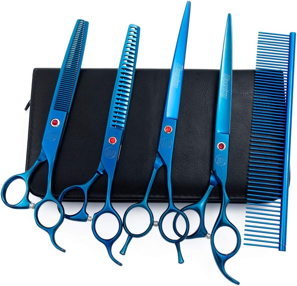 Moontay multicolored titanium coated dog grooming shears layout with rubber mufflers.