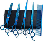 Moontay multicolored titanium coated dog grooming shears layout with rubber mufflers.