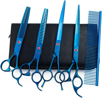 Moontay multicolored titanium coated dog grooming shears layout with rubber mufflers.
