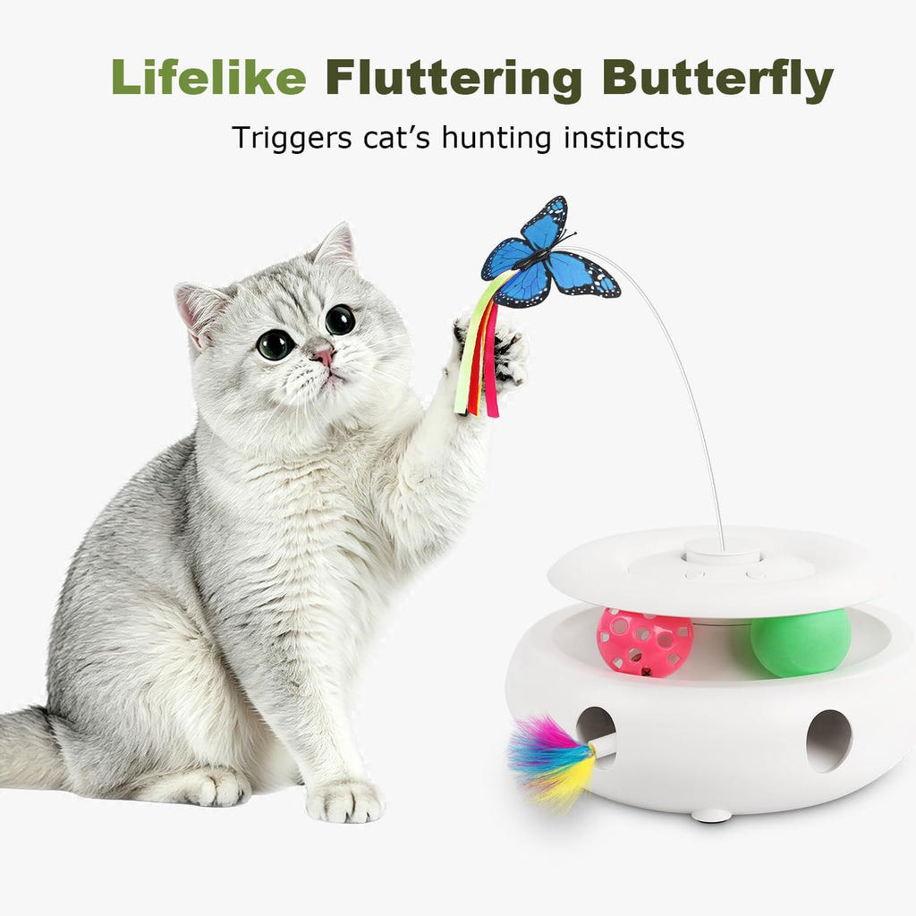 Automatic kitten toy displaying the lifelike fluttering butterfly attachment spinning on its wire arm.