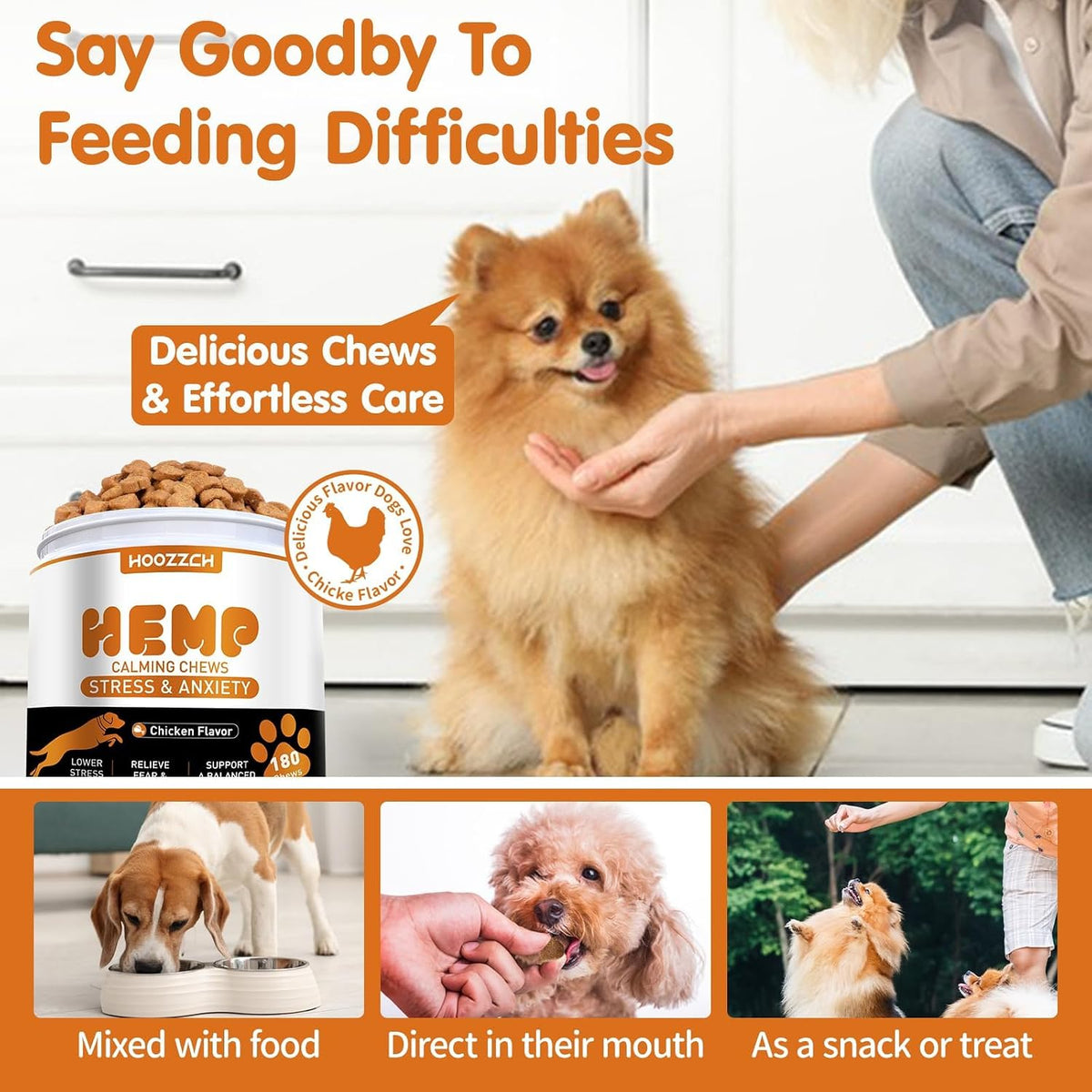 Allyeah pet composure chews container showcasing stress relief support for storms and fireworks.