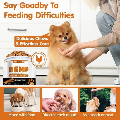 Allyeah pet composure chews container showcasing stress relief support for storms and fireworks.