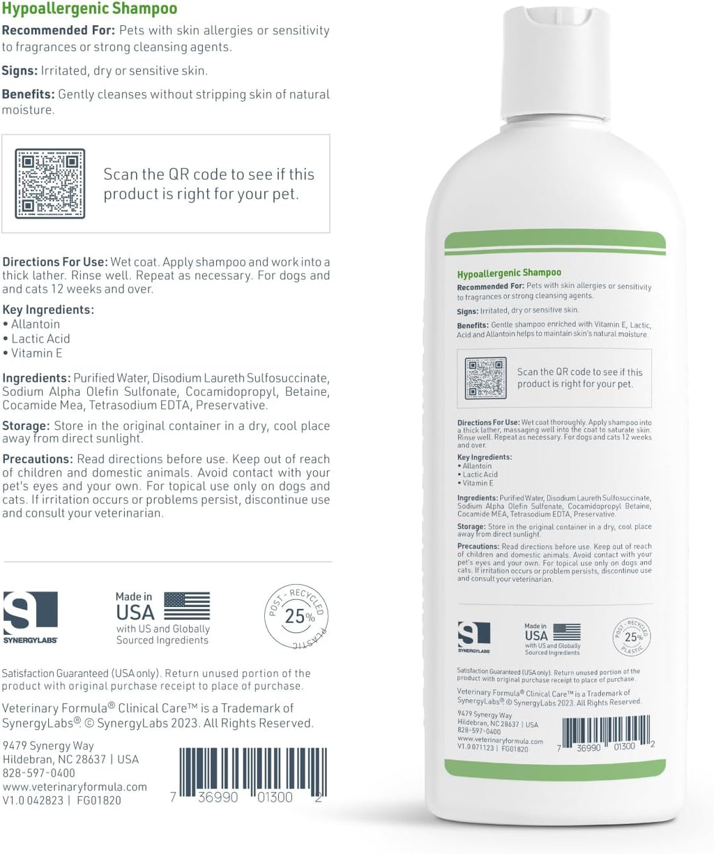 Veterinary Formula clinical care pet shampoo resting on bathroom surface