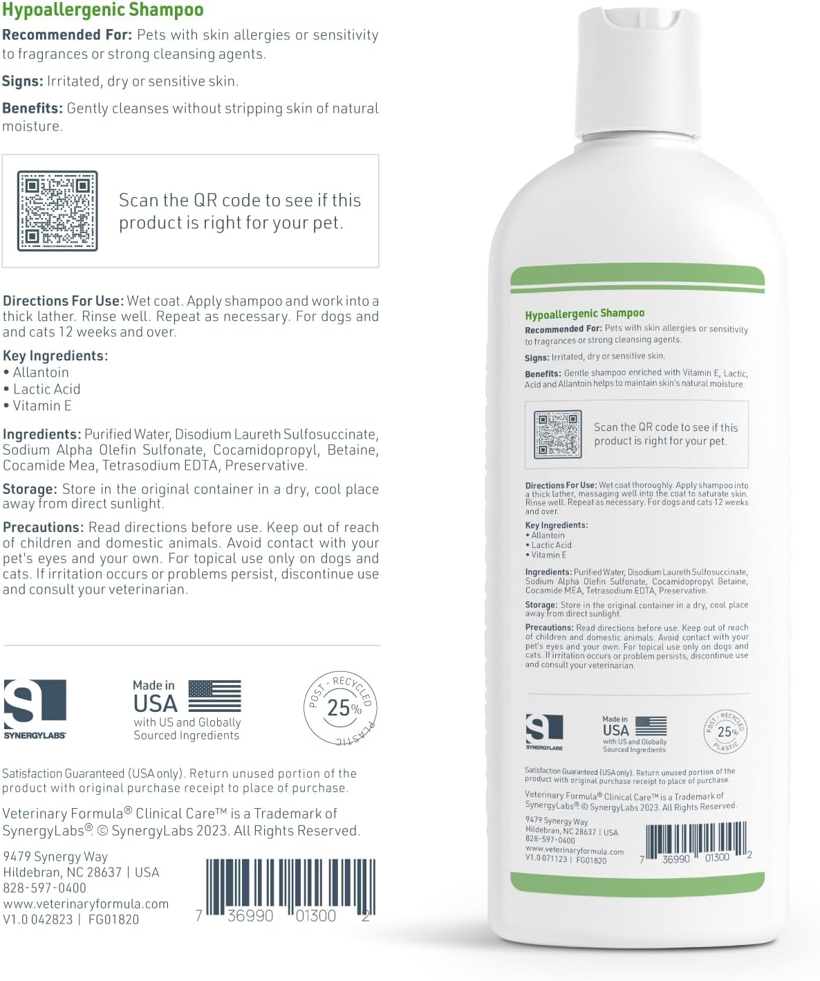 Veterinary Formula clinical care pet shampoo resting on bathroom surface