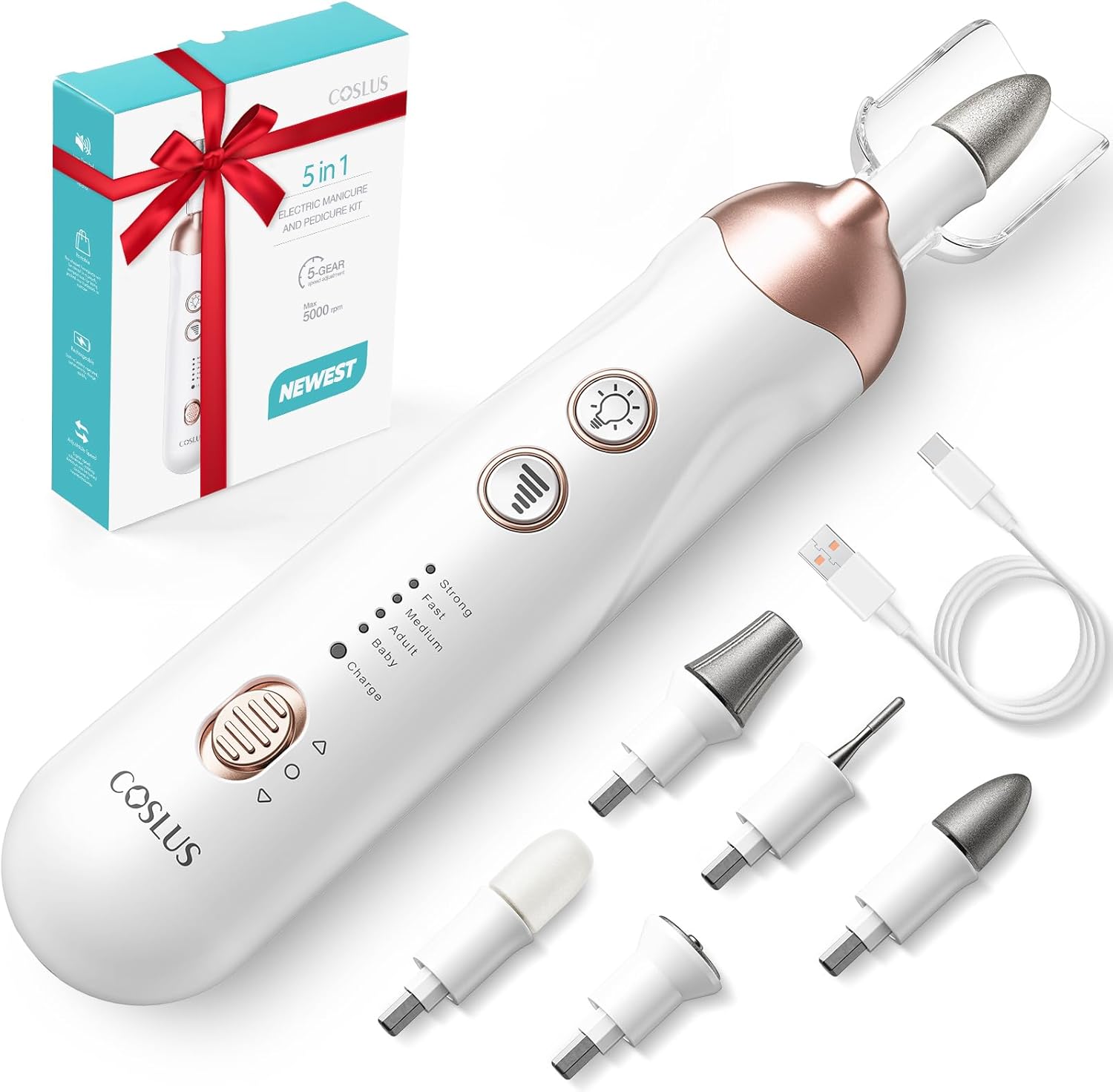 COSLUS C30 Professional Manicure Pedicure Kit front view displaying the rose gold accents and cordless body
