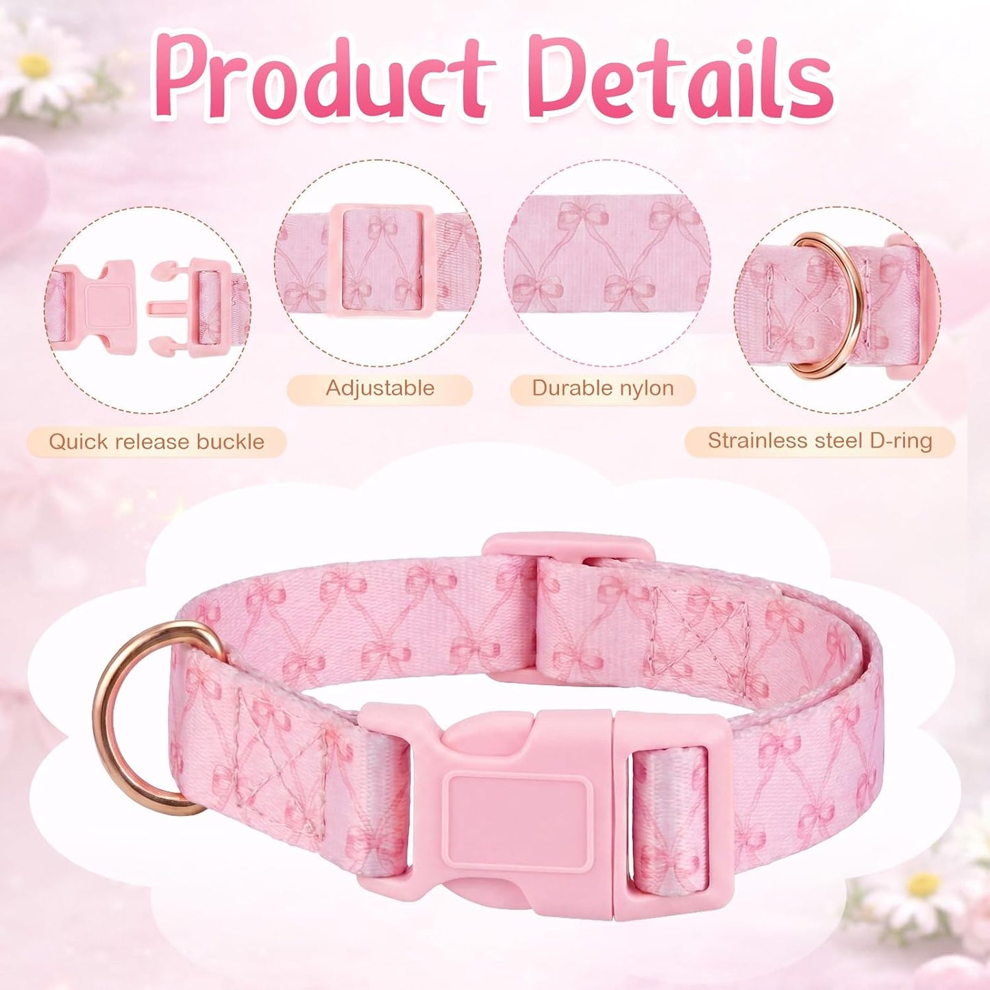 Close-up view of the heavy-duty ABS plastic buckle and metal D-ring attachment on the pink sheep collar.