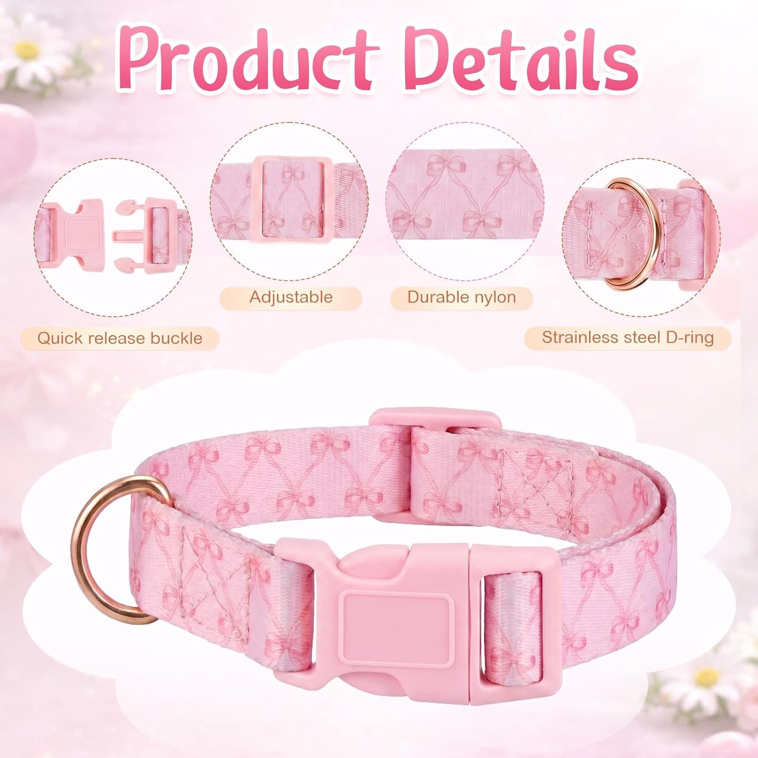 Close-up view of the heavy-duty ABS plastic buckle and metal D-ring attachment on the pink sheep collar.