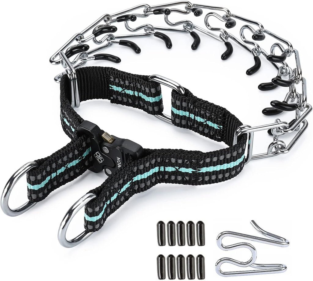 Heavy duty dog training prong collar displayed flat to show complete link structure.