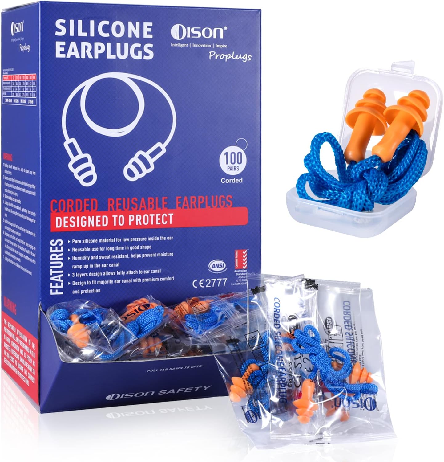 Dison corded silicone ear plugs 100 pairs front view packaging box