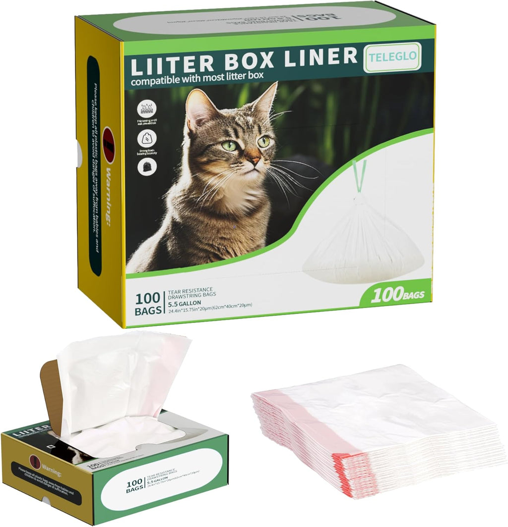 Teleglo drawstring cat litter box liner bags front view of packaging box.