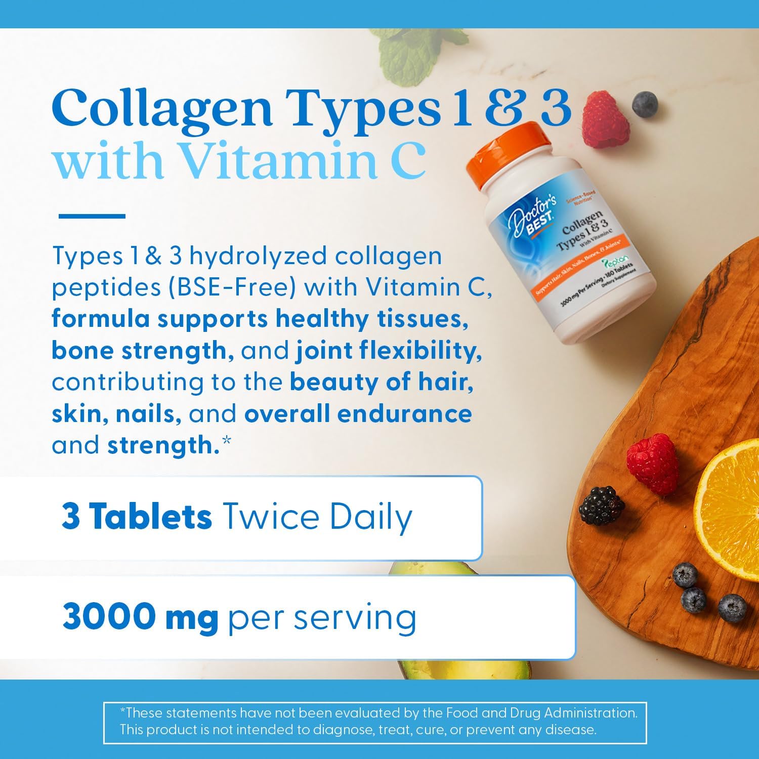 Doctor's Best Collagen Peptides Types 1 & 3 - Collagen Supplement for Women & Men, Supports Hair, Skin, Nails, & Joint Health, Includes 30 mg Vitamin C & 3 g Protein Per Serving, Non GMO - 180 Tablets - Image 5