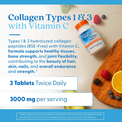 Doctor's Best Collagen Peptides Types 1 & 3 - Collagen Supplement for Women & Men, Supports Hair, Skin, Nails, & Joint Health, Includes 30 mg Vitamin C & 3 g Protein Per Serving, Non GMO - 180 Tablets - Image 5