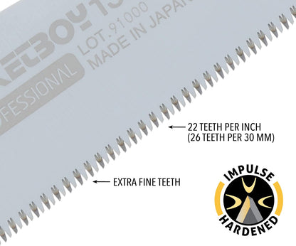 Authentic Japanese steel 130mm folding saw blade detailing the 22 teeth per inch profile