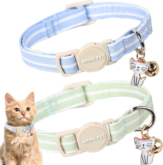 ARING PET 2 Pack Cotton Breakaway Cat Collar front view showing blue and green striped pattern with bell