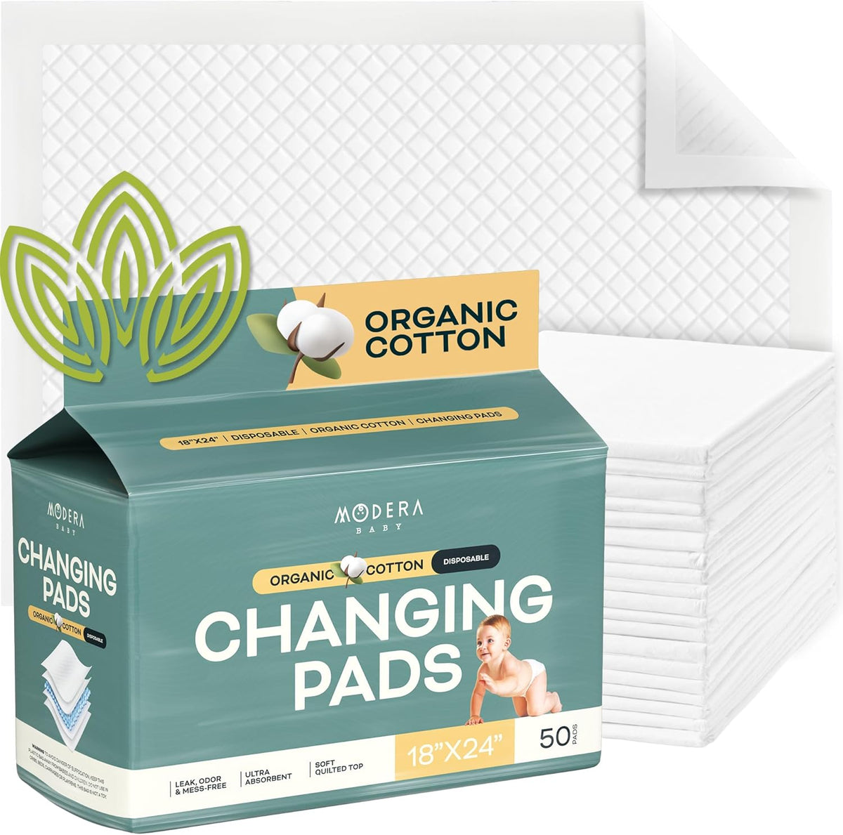 Modera organic cotton disposable changing pad liners front view packaging