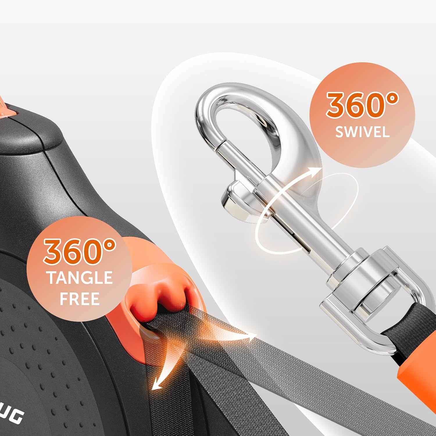 Small dog walking with TUG 360 retractable leash black and orange
