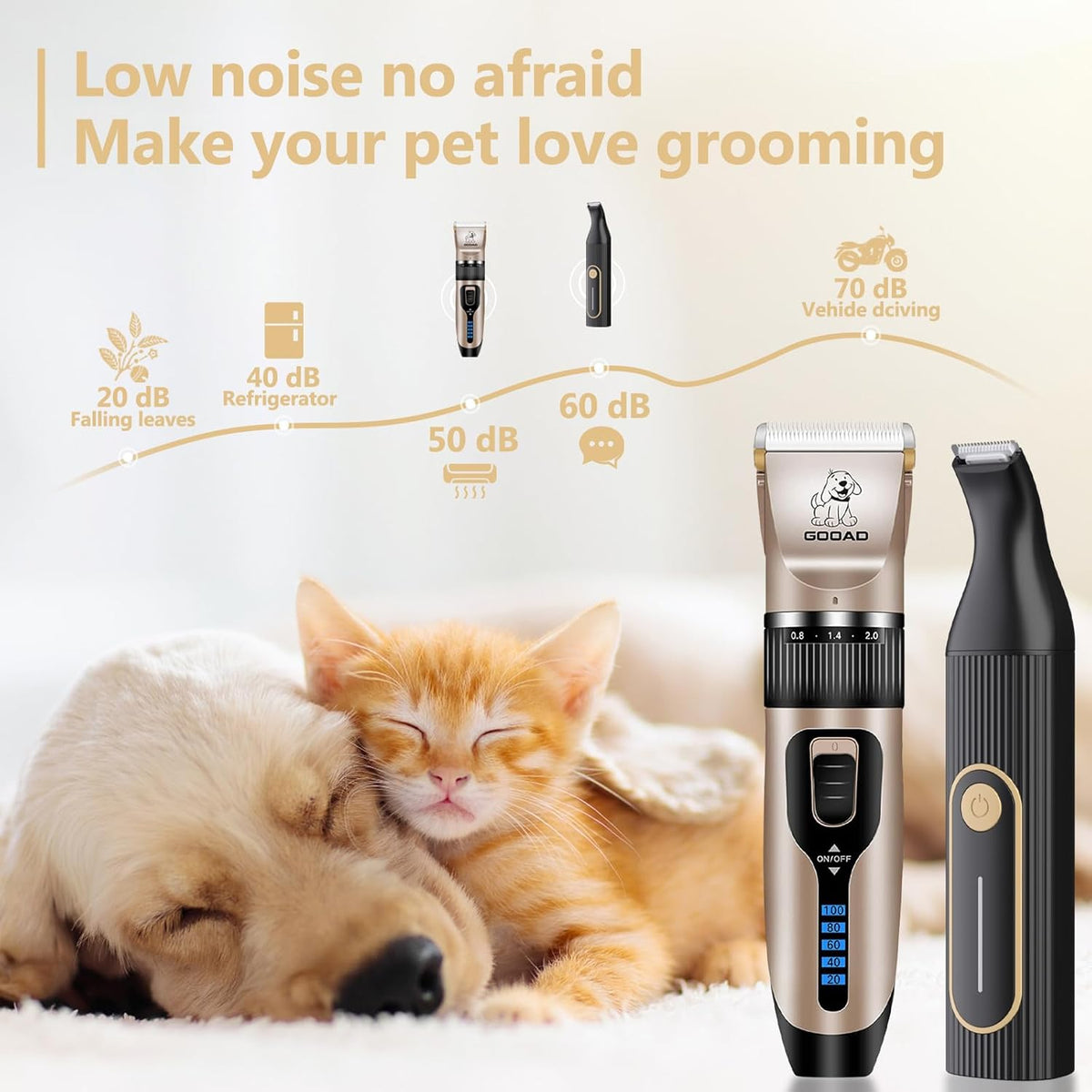 Low noise pet hair trimmer showing the titanium and ceramic blade close up