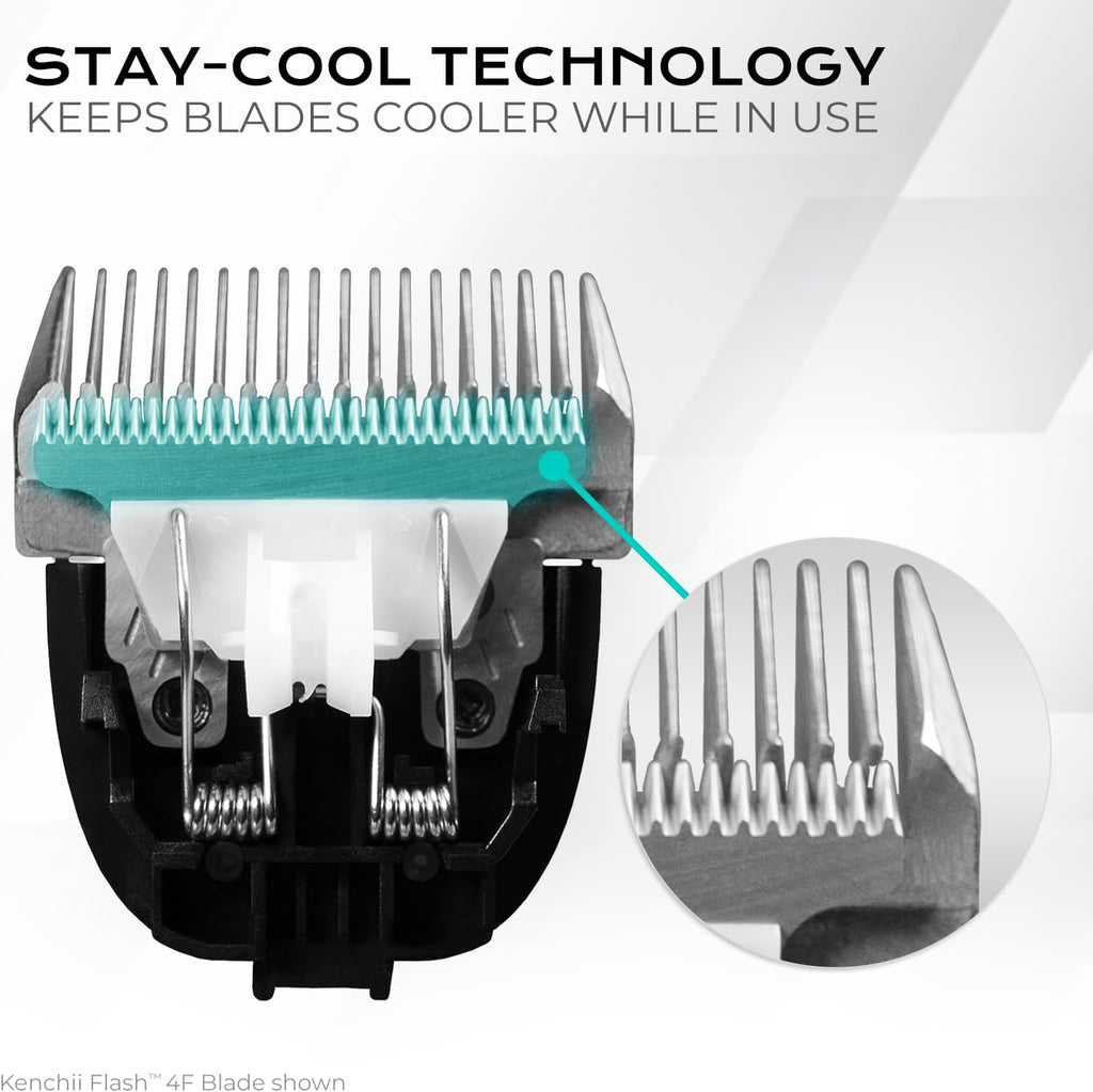 Kenchii 4-in-1 adjustable pet shaving blade displaying length setting compatibility markings