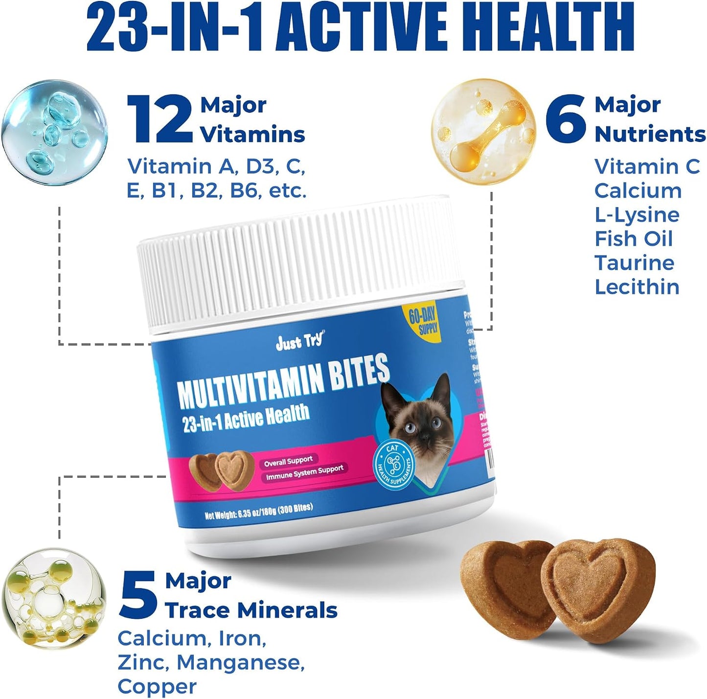 Just Try L-Lysine and Taurine supplement jar highlighting the 23-in-1 formula benefits.