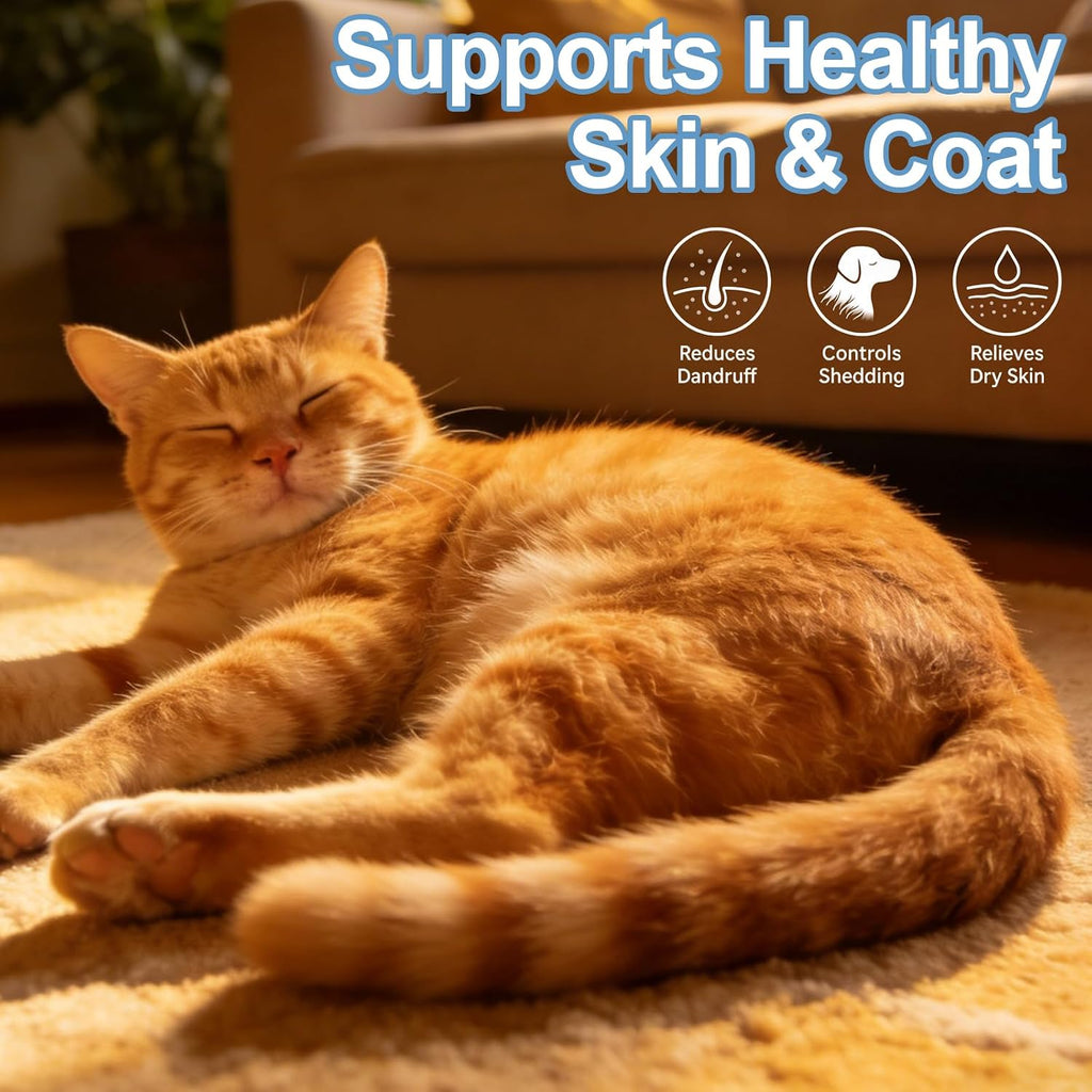 USA imported feline wellness omega 3 supplement drops packaging and benefits listing