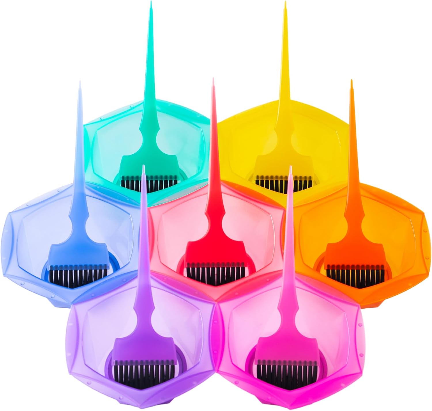 Rosetouch professional hair dye brush and tint bowl set front view showing seven colorful pastel rainbow mixing bowls