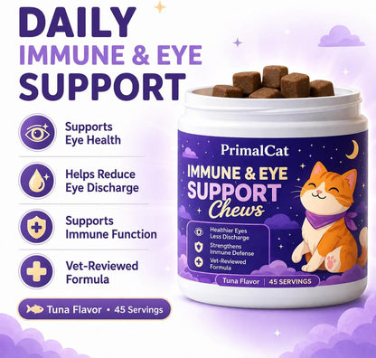 Back label of OHIWGN PrimalCat Immune and Eye Support soft chews detailing daily feeding guidelines for cats.