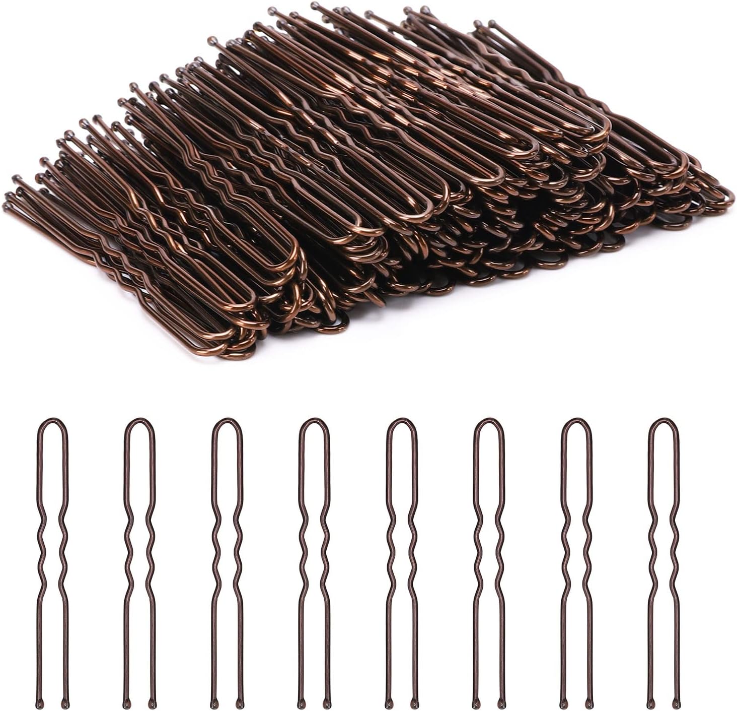 Cehony U Shaped Hair Pins front view of brown two hundred count pack inside clear storage box.