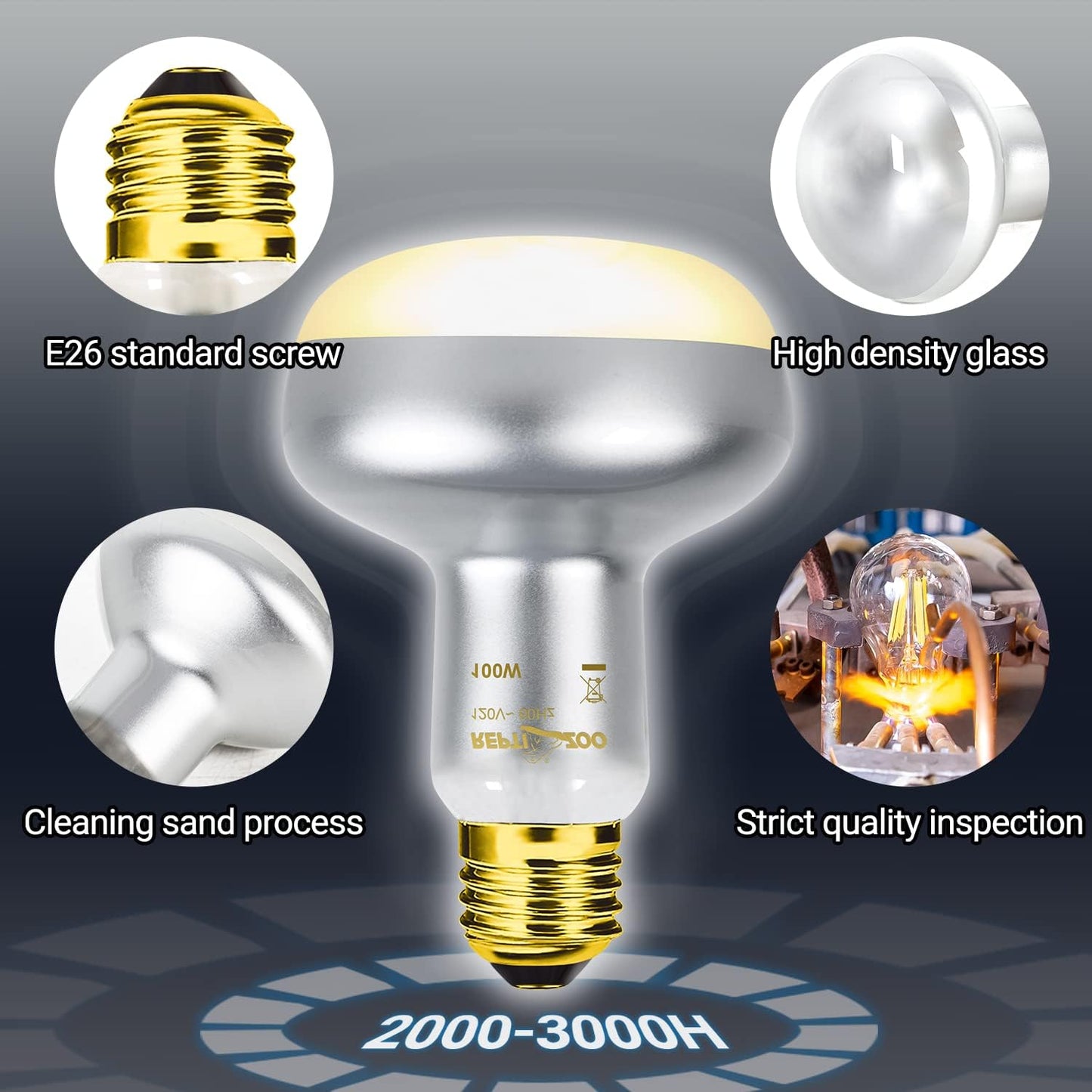 Two pieces of REPTI ZOO intense basking spot bulbs illustrating the durable internal filament layout for extended service hours