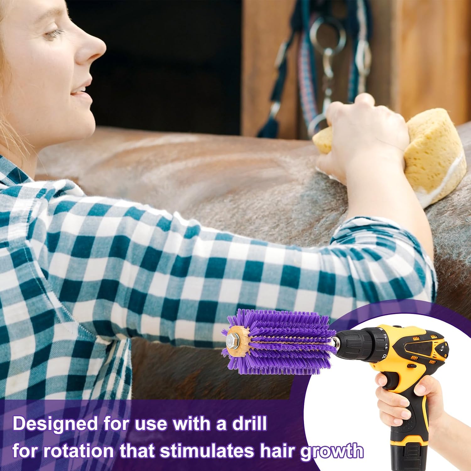 Livestock grooming brush attached to power drill close up