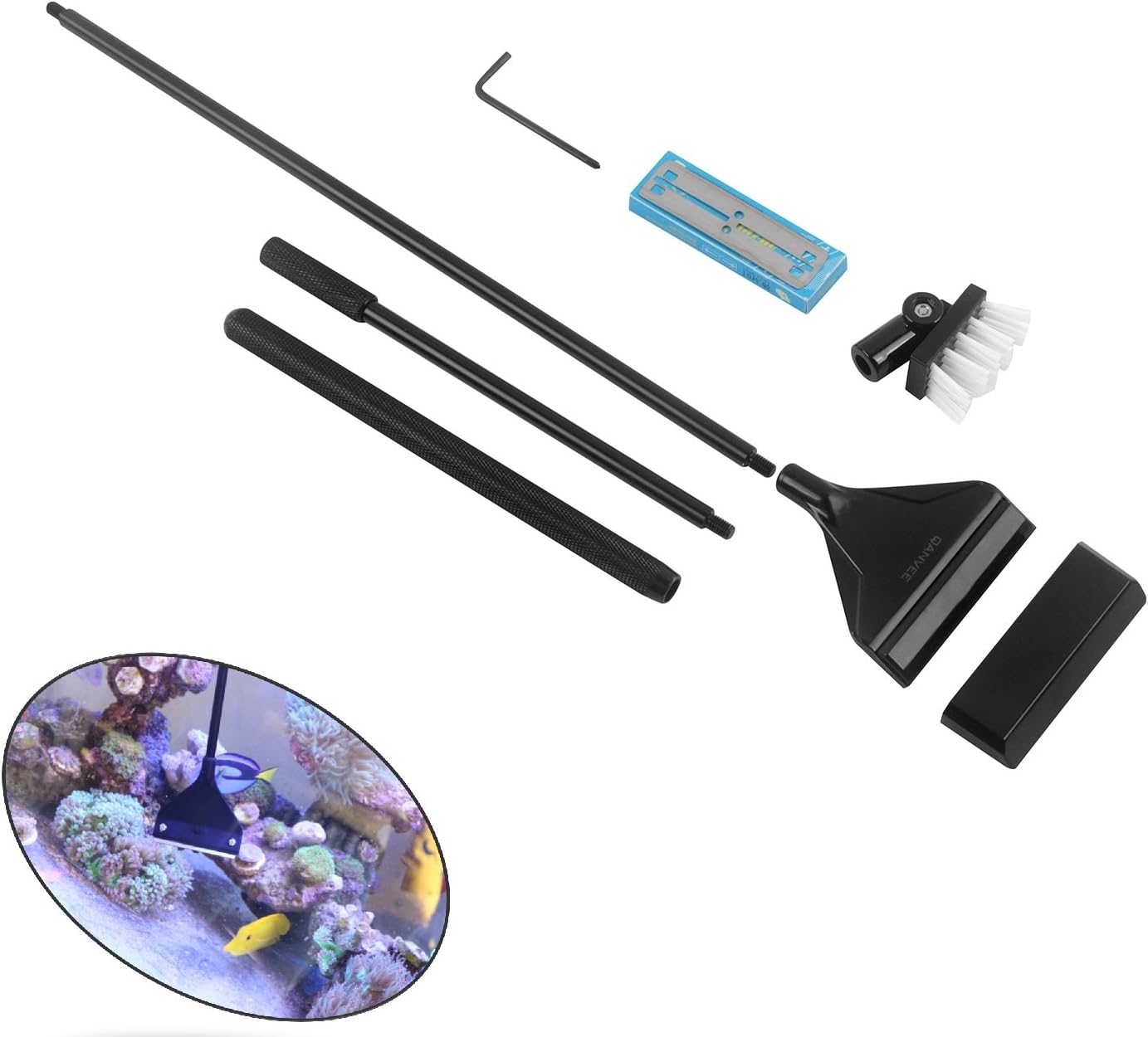 Qanvee aquarium algae scraper cleaner brush front view highlighting the sleek black alloy handle and interchangeable head system.