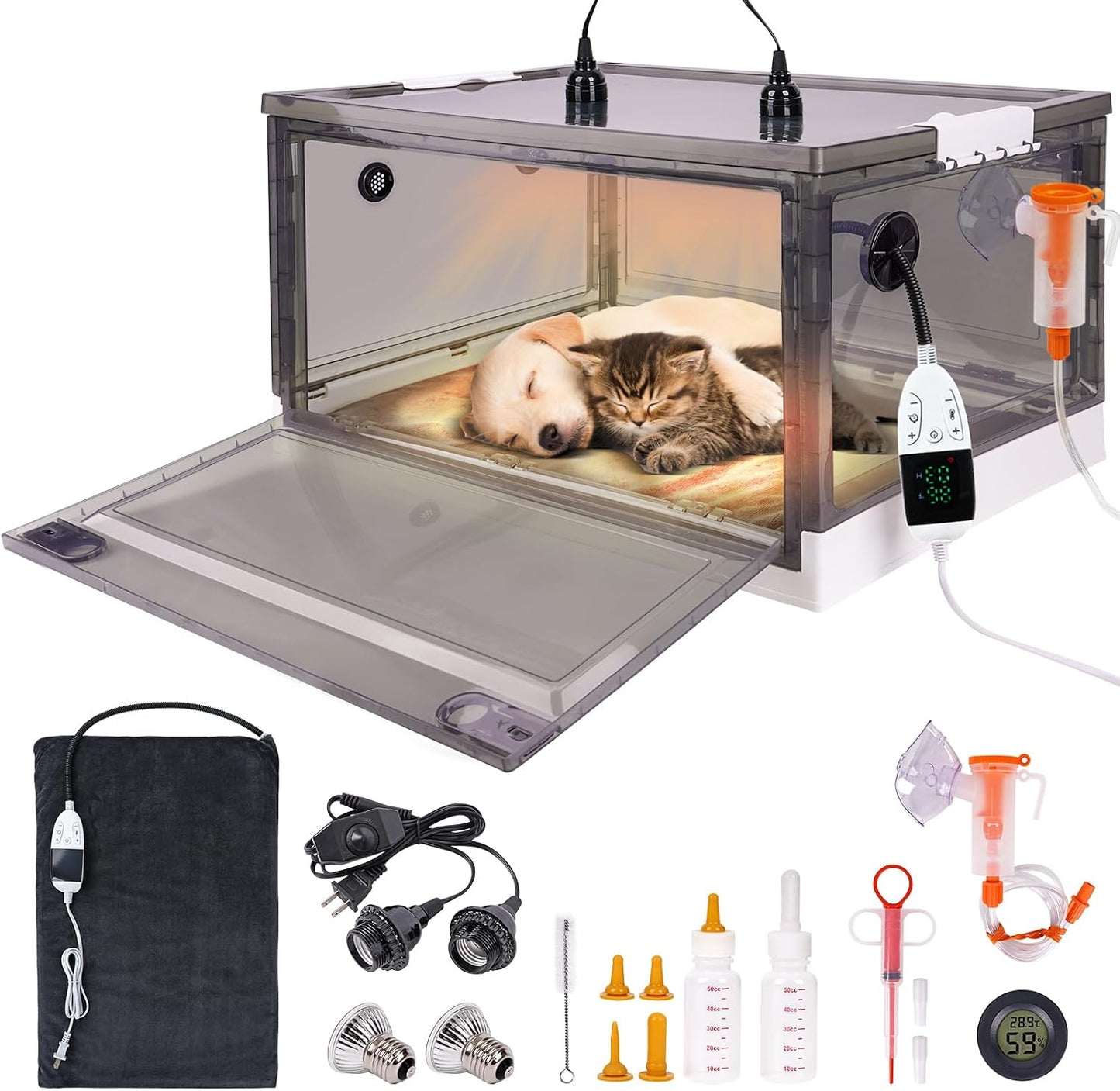 PAULOZYN puppy incubator front view showing transparent viewing window and digital temperature display screen.