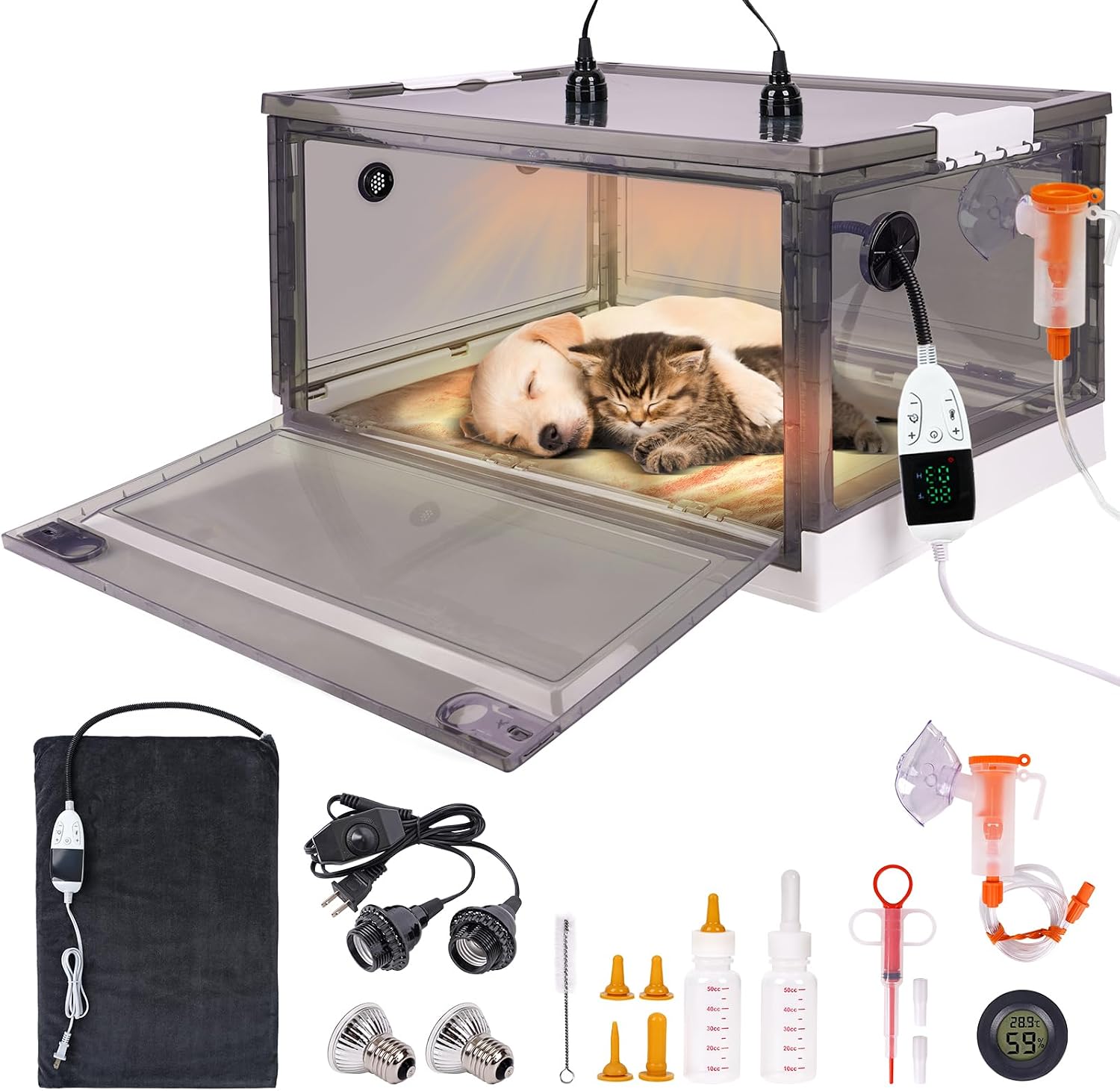 PAULOZYN puppy incubator front view showing transparent viewing window and digital temperature display screen.
