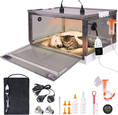 PAULOZYN puppy incubator front view showing transparent viewing window and digital temperature display screen.