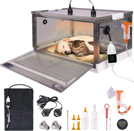 PAULOZYN puppy incubator front view showing transparent viewing window and digital temperature display screen.